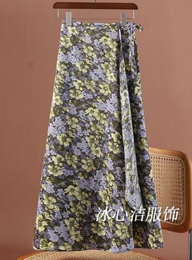 夏天薄款碎花雪纺绑带一片式半身裙女夏季小个子沙滩裙裹裙子长裙