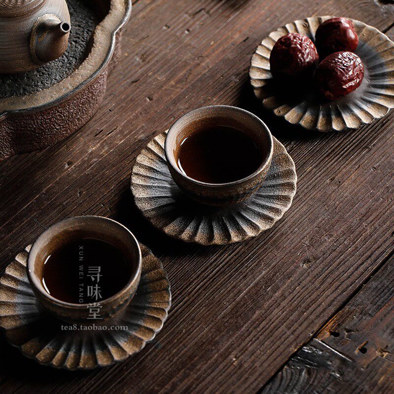 鎏金粗陶杯垫复古手工日式古早烧铁釉杯托茶托陶瓷功夫茶具配件