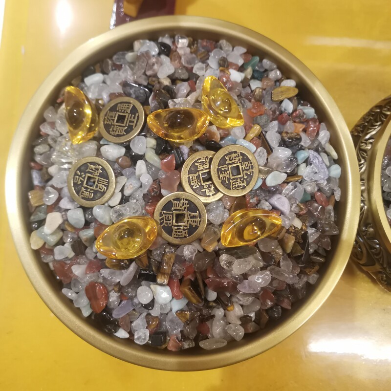 纯黄铜精品招财进宝聚宝盆七彩宝石五帝钱黄水晶元宝店铺公司摆件