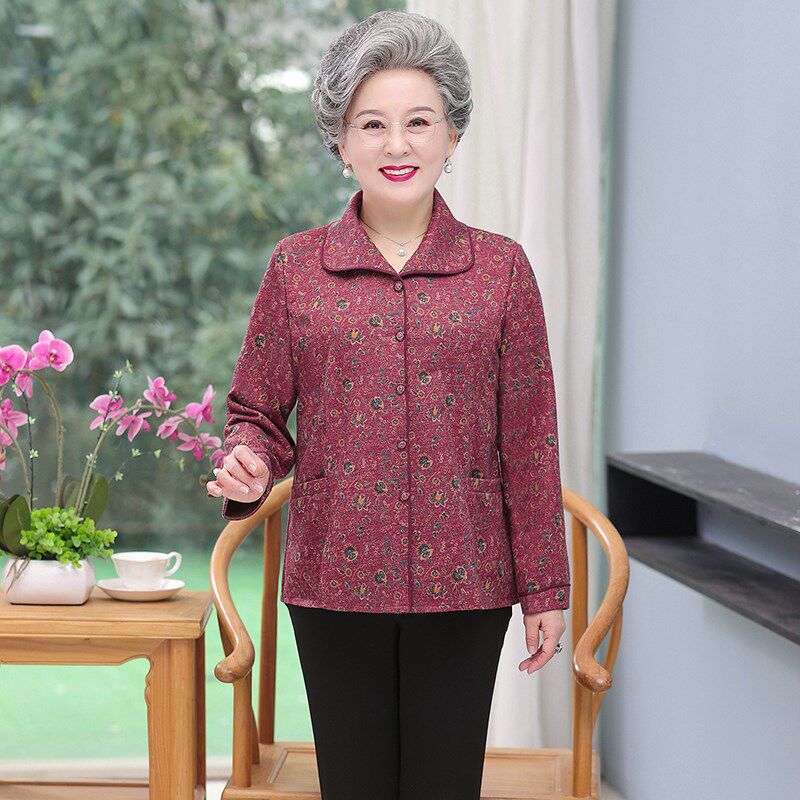 中老年人女装春秋新款奶奶装衬衫长袖夏装女装60岁70岁妈妈厚衬衣