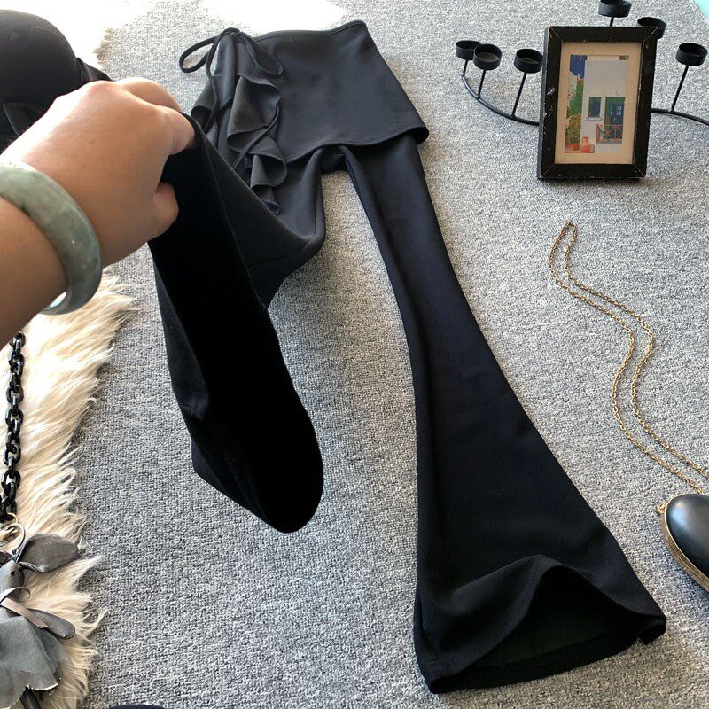 黑色高腰微喇裤女秋季荷叶边可拆卸裙裤弹力显瘦瑜伽垂感西装长裤