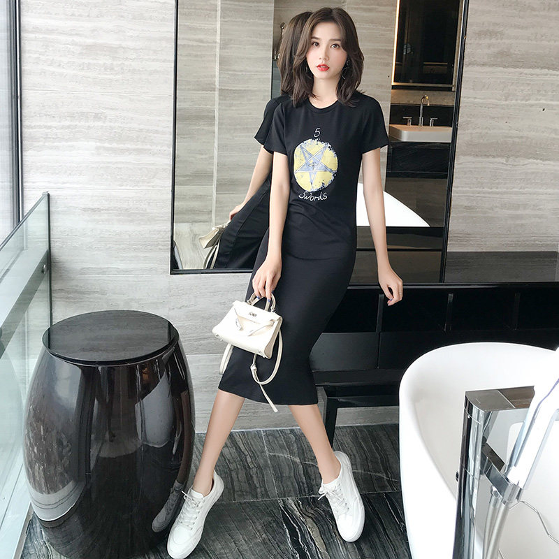 2021夏季新款时尚简约中长t恤裙女修身显瘦短袖过膝休闲连衣裙子