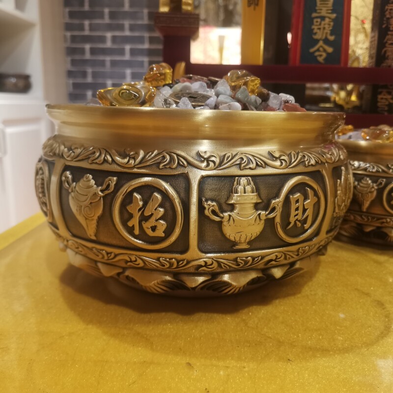 纯黄铜精品招财进宝聚宝盆七彩宝石五帝钱黄水晶元宝店铺公司摆件