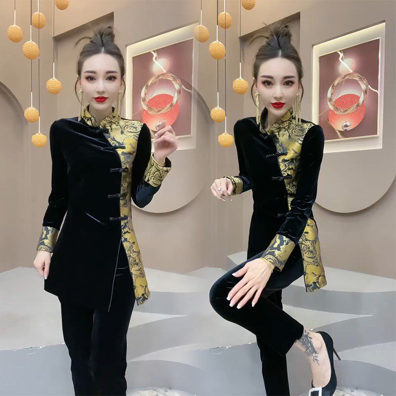 新年中式时尚套装女2025春季新款国风中长款旗袍上衣小脚裤两件套