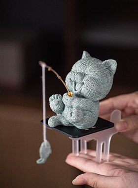 创意小猫钓鱼茶宠摆件钓鱼台底座可爱萌猫垂钓鱼缸造景桌面装饰品
