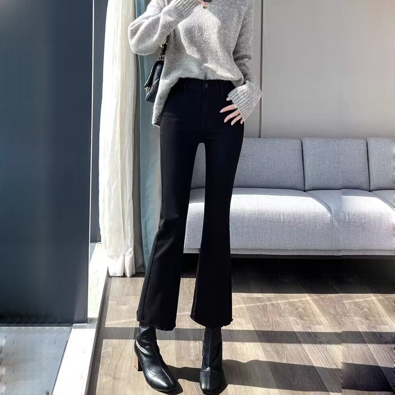 加绒加厚高腰毛边喇叭牛仔裤女2024年冬季新款小个子九分微喇裤子