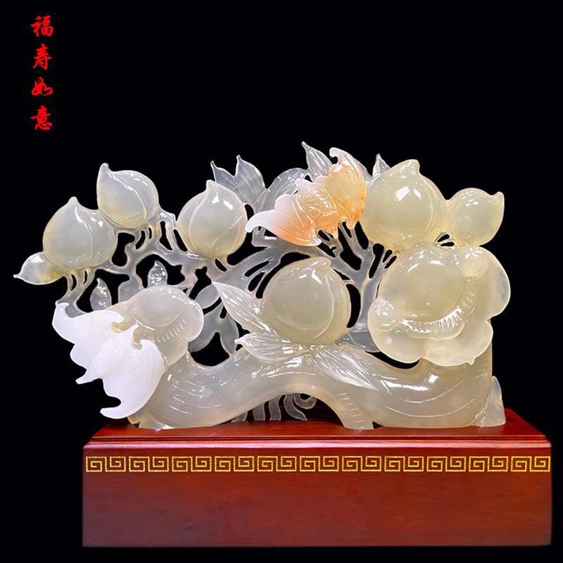 玉石祝寿桃摆件中式家居客厅电视柜玄关装饰工艺摆设老人长辈贺礼