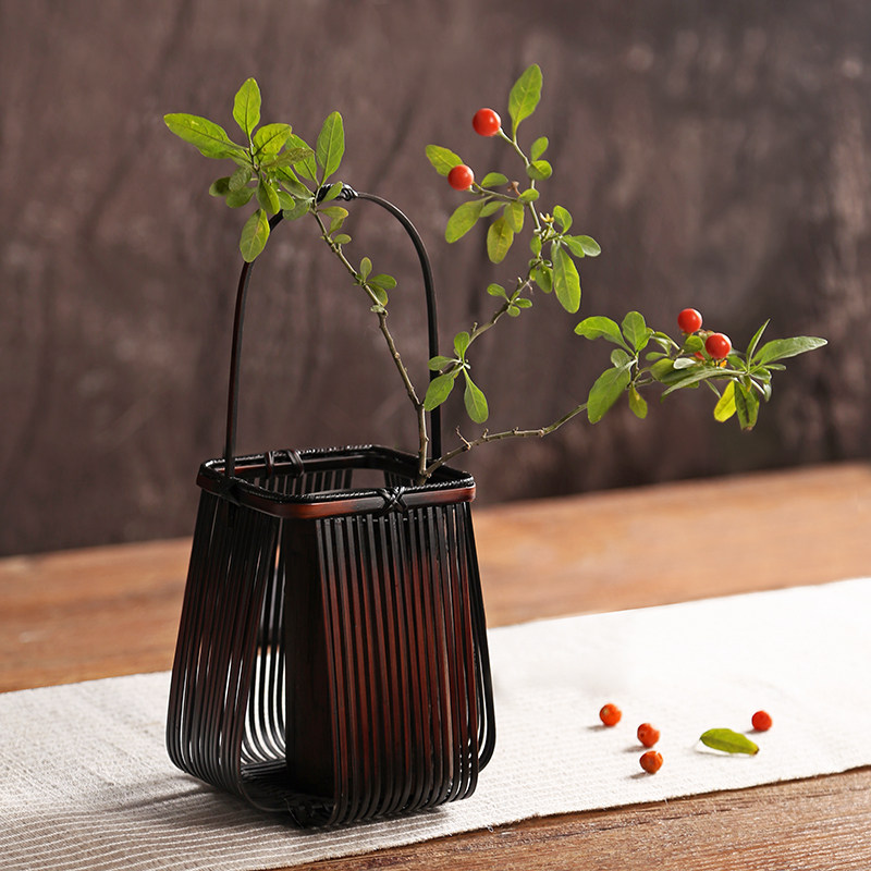 禅意日式竹编花器 茶道竹木饰品摆件 复古花插花入水培创意花篮架