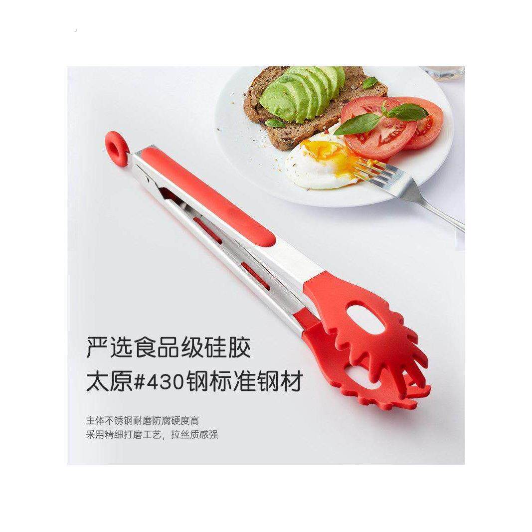 红硅胶食物夹不锈钢意大利面意粉夹厨房意面夹子夹面条神器捞面夹