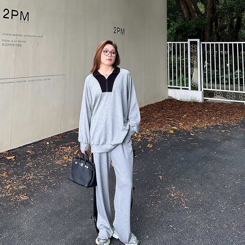 撞色空气层宽松休闲套装大码女装秋季新款胖mm显瘦卫衣卫裤两件套