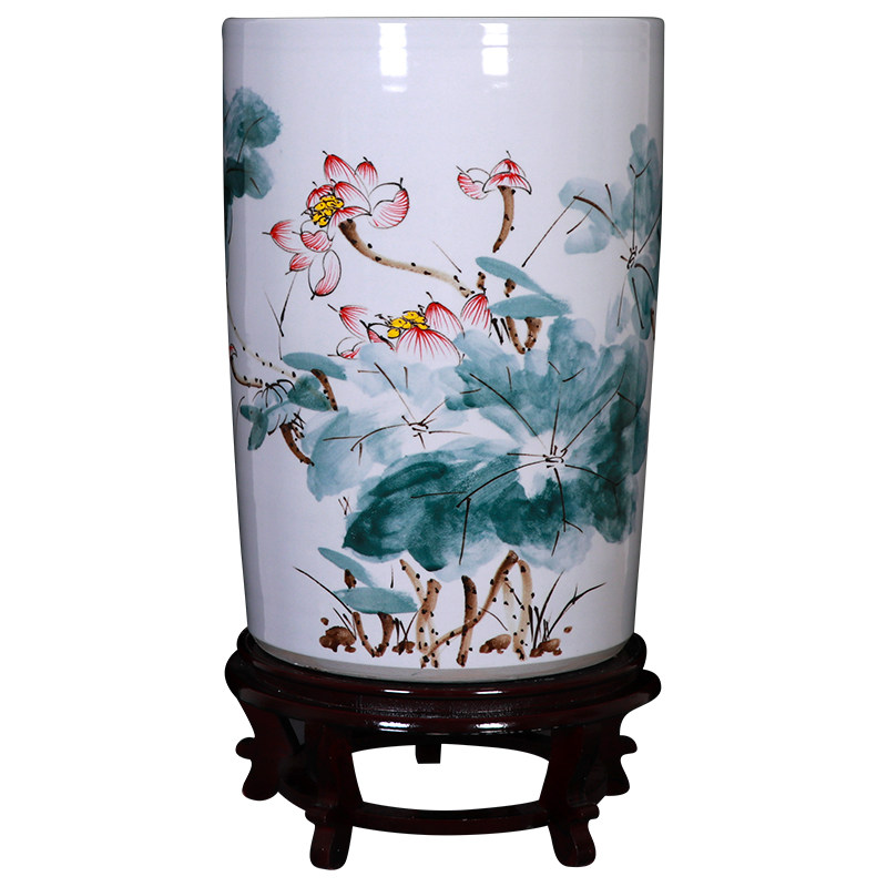 手绘荷花陶瓷箭筒景德镇书画缸字画收纳桶家居客厅书房装饰品摆件