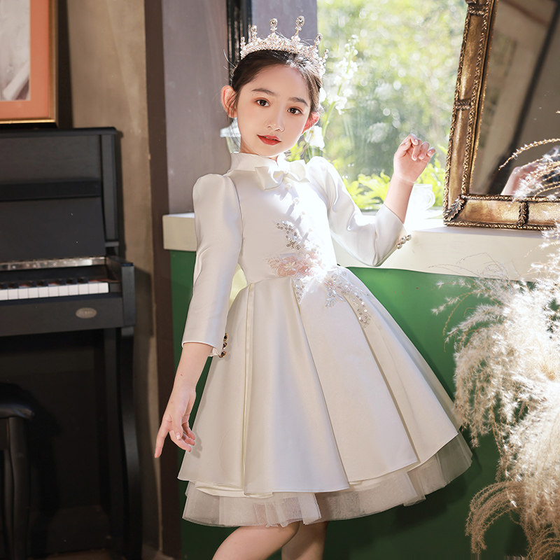 女童生日公主裙高端花童婚礼小女孩礼服儿童钢琴演出服主持人缎面