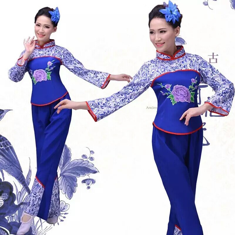 秧歌服2017新款斗笠青花瓷舞蹈服装阿庆嫂演出服采茶女村姑表演服