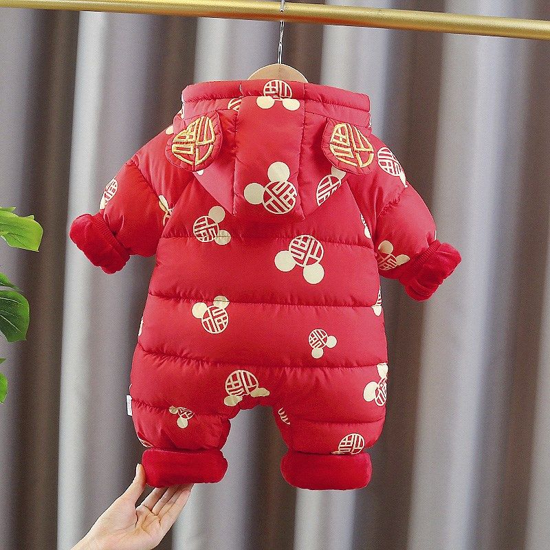 新生婴儿冬季连体衣满月爬服宝宝周岁礼百天拍照过年喜庆拜年衣服