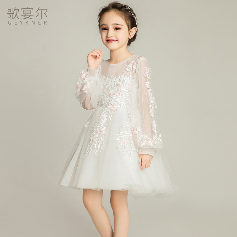 女童晚礼服公主裙长袖儿童婚纱裙子小花童模特走秀钢琴表演服秋冬