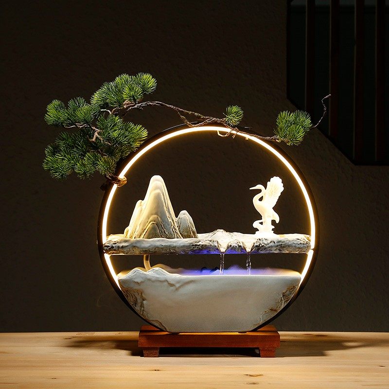 创意灯圈循环流水陶瓷摆件喷泉加湿器办公室家居装饰景观开业礼品
