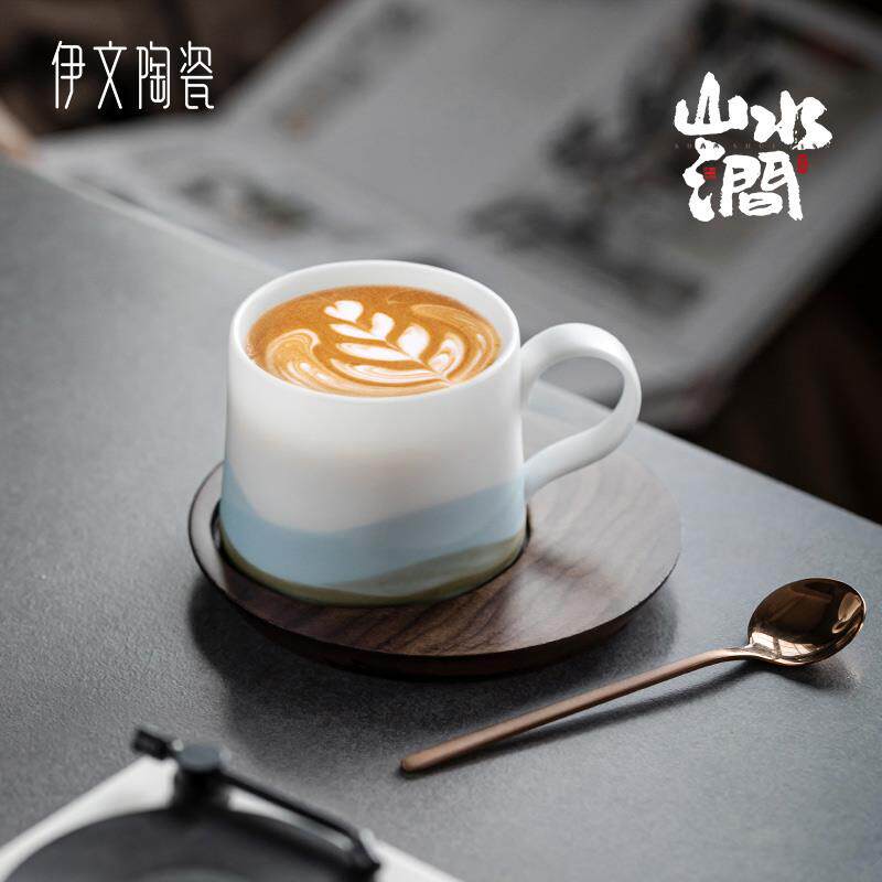 言和堂羊脂玉带碟带勺咖啡杯中式马克杯定制送礼高颜值情侣对杯子