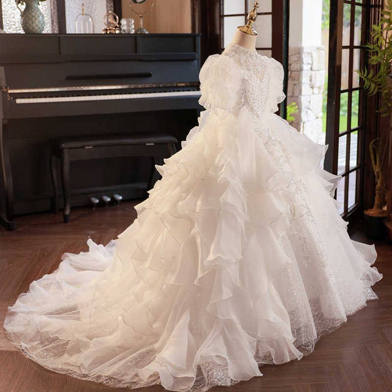 儿童白色公主裙女童婚纱礼服高端生日走秀霸气奢华主持钢琴演出服