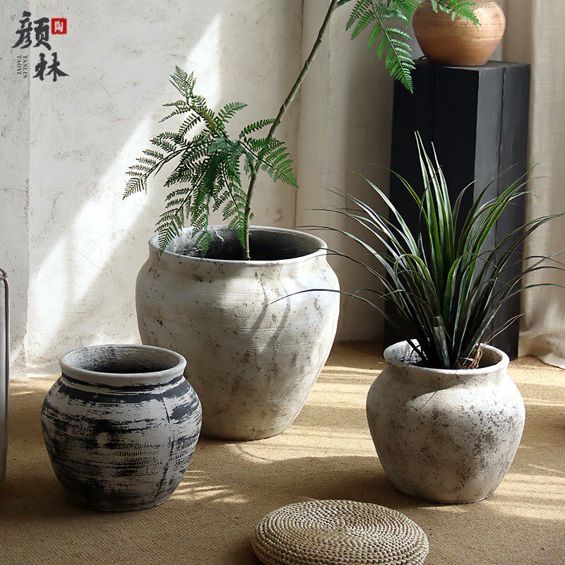 复古白水泥大肚花盆龙舌兰蓝楹花室内客厅绿植盆酒店商场大型绿植