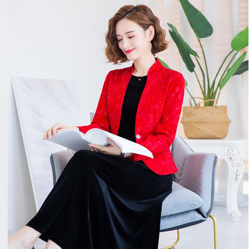 大红色西装外套参加婚礼喜妈妈婆婆婚宴大码女士春秋西服上衣外搭