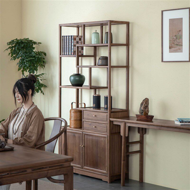 杪轩新中式黑胡桃木博古架原实木书柜茶室茶叶架多宝阁展示架