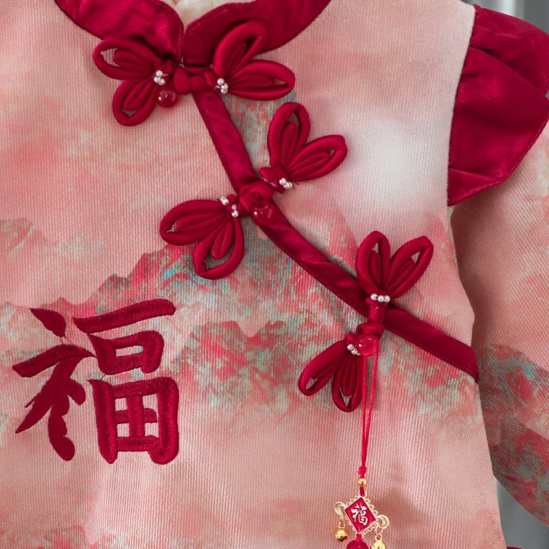 女童连衣裙秋冬款加绒婴儿童旗袍一周岁礼服女宝宝汉服生日公主裙