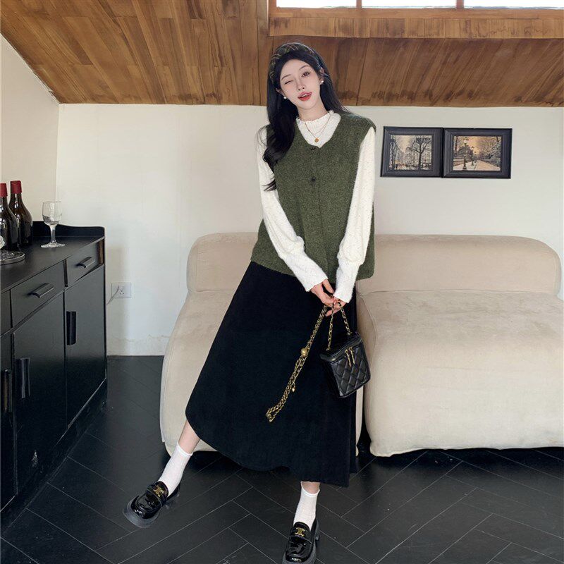 小吉家大码女装秋冬复古毛衣背心马甲设计感蕾丝打底衫半身裙套装