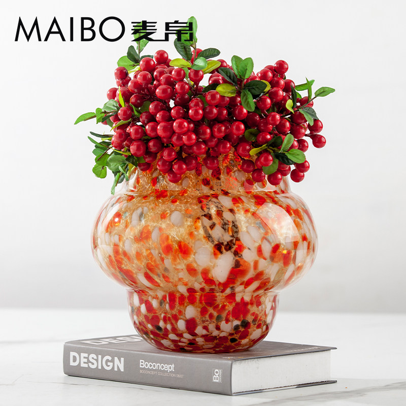 麦帛中古琉璃花瓶客厅摆件水培插花咖啡色条纹胖墩手工玻璃装饰品