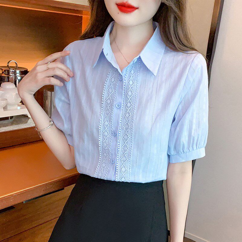 法式花边拼接短袖衬衫女士夏季新款小个子显瘦气质上衣职业白衬衣