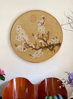 《繁花》中式复古海棠花挂画餐厅黑色正圆入户玄关柜大墙面装饰画