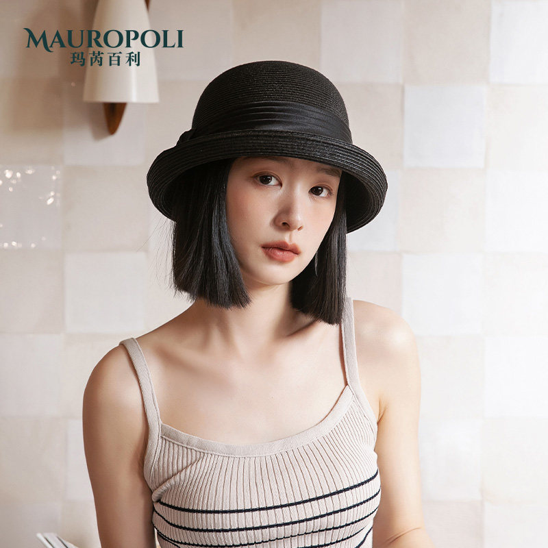 法式卷边草帽女夏季复古黑色礼帽赫本风遮阳防晒帽度假海边太阳帽