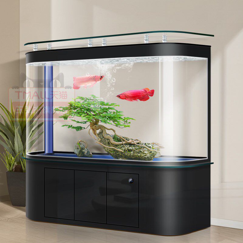 鱼缸客厅中大型家用靠墙圆弧形水族箱免换水底过滤智能落地生态