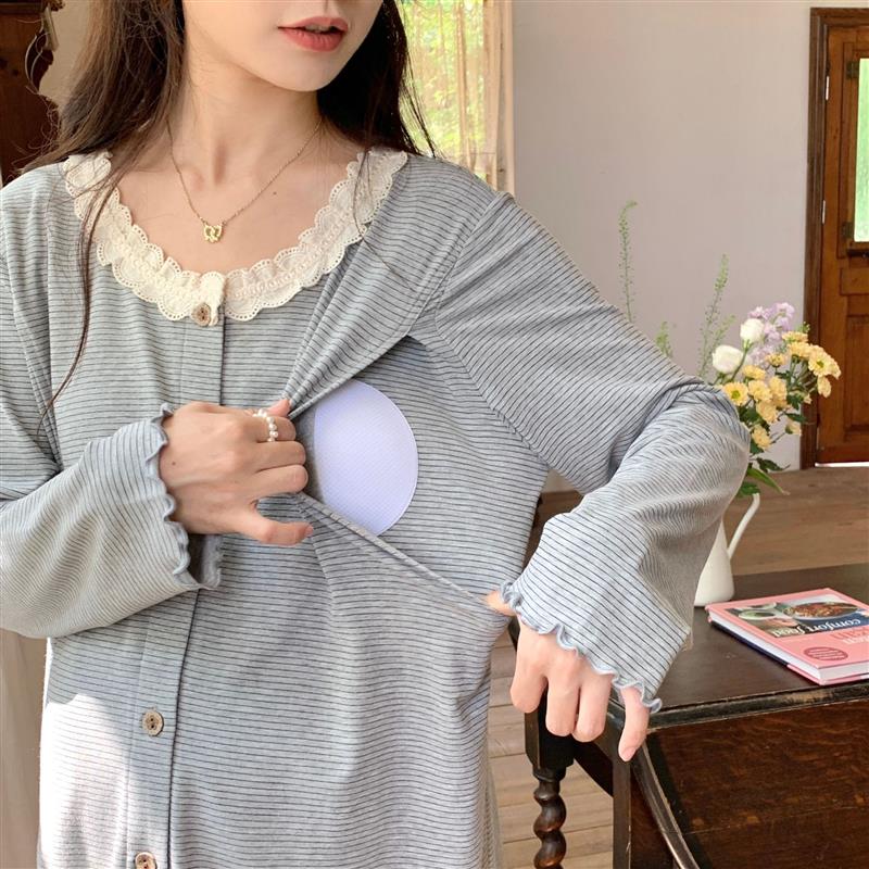 秋冬季加厚孕妇产后哺乳睡衣月子服怀孕期家居服套装带胸垫条纹款