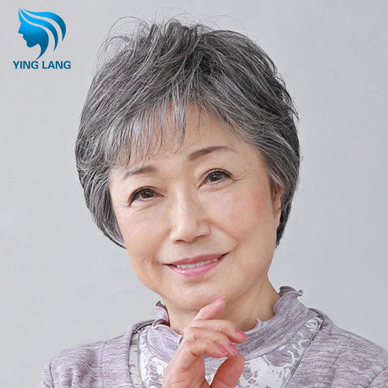 中老年假发女短发妈妈款真头发透气 女士花白色奶奶假发套全真发