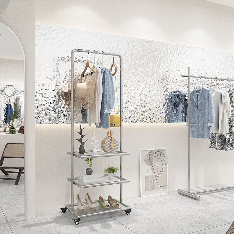 服装店展示架不锈钢移动落地式挂衣杆男女装店玻璃带轮子专用货架