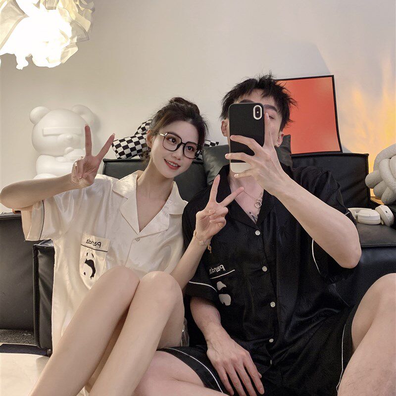 睡衣情侣冰丝卡通熊猫一男一女夏季短袖薄款丝绸高级感家居服套装