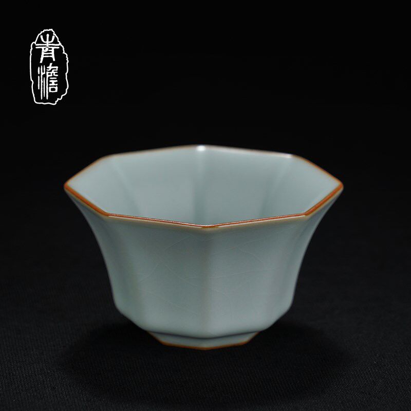 汝窑八方杯主人杯茶杯单杯复古茶盏景德镇陶瓷汝瓷品茗杯青瓷礼品