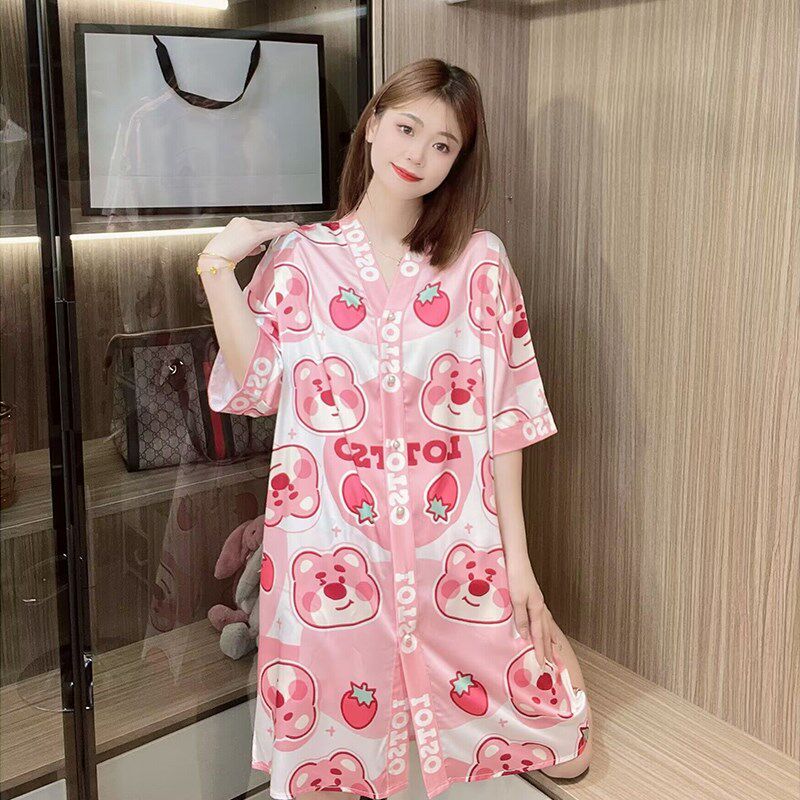 冰丝睡裙女夏季薄款短袖v领月光丝绸网红风高级感大码衬衫睡衣裙