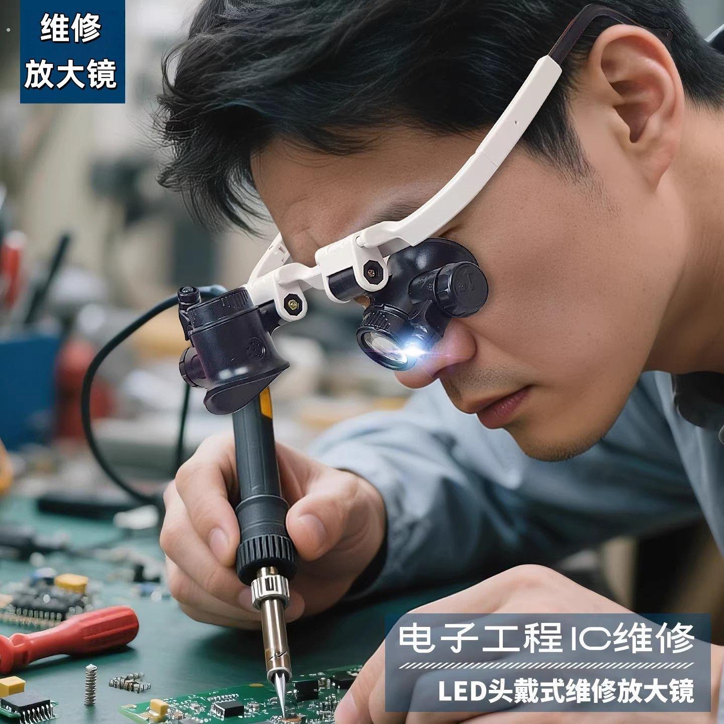2倍头戴眼镜式维修放大镜带灯钟表电子手机手工雕刻钻石老人通用