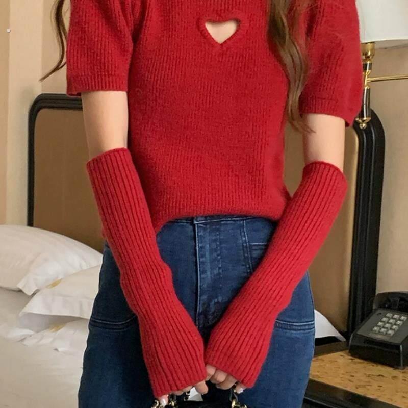 喜庆红色毛衣针织袖套女秋冬胳膊套加厚保暖毛线 线露指手臂套假