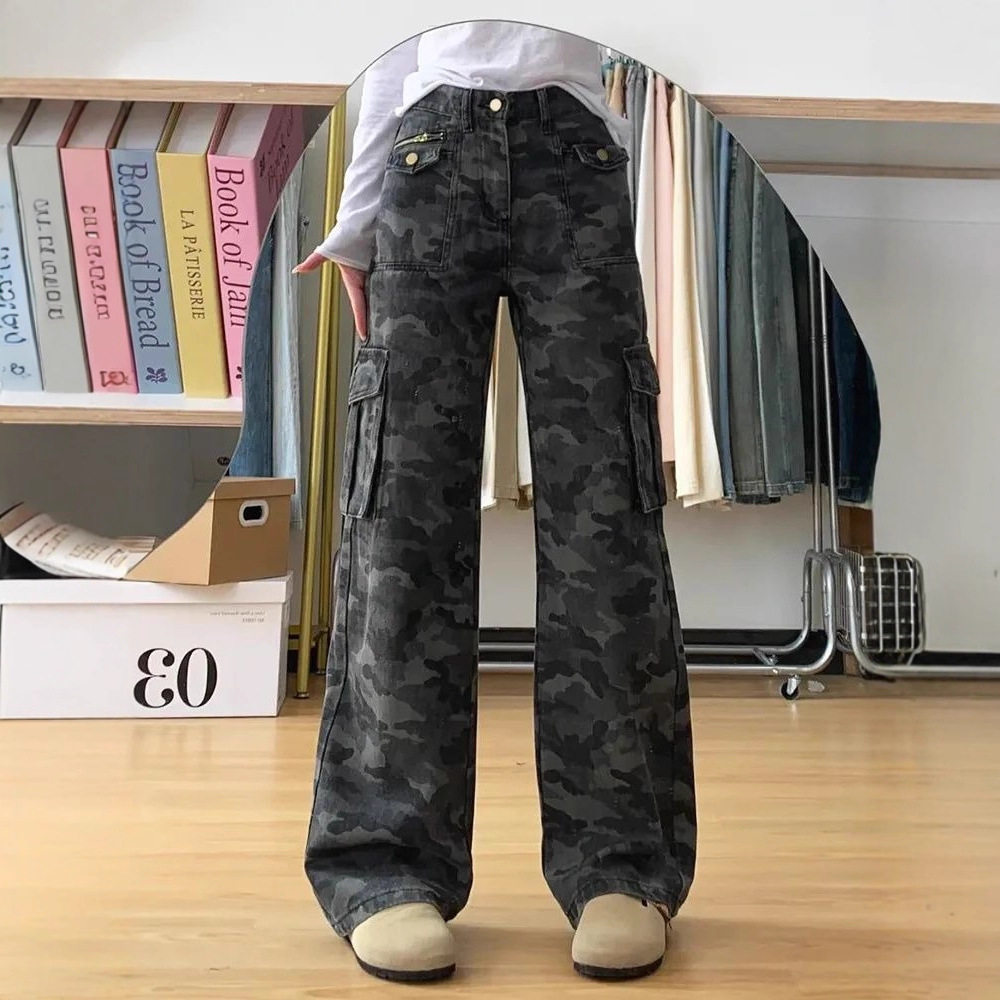 美式迷彩工装直筒牛仔裤阔腿小个子多口袋宽松显瘦直筒裤子女款