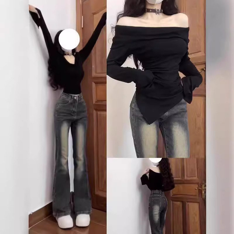 美式高街微喇牛仔裤女秋季新款宽松显瘦直筒修身窄版百搭阔腿长裤