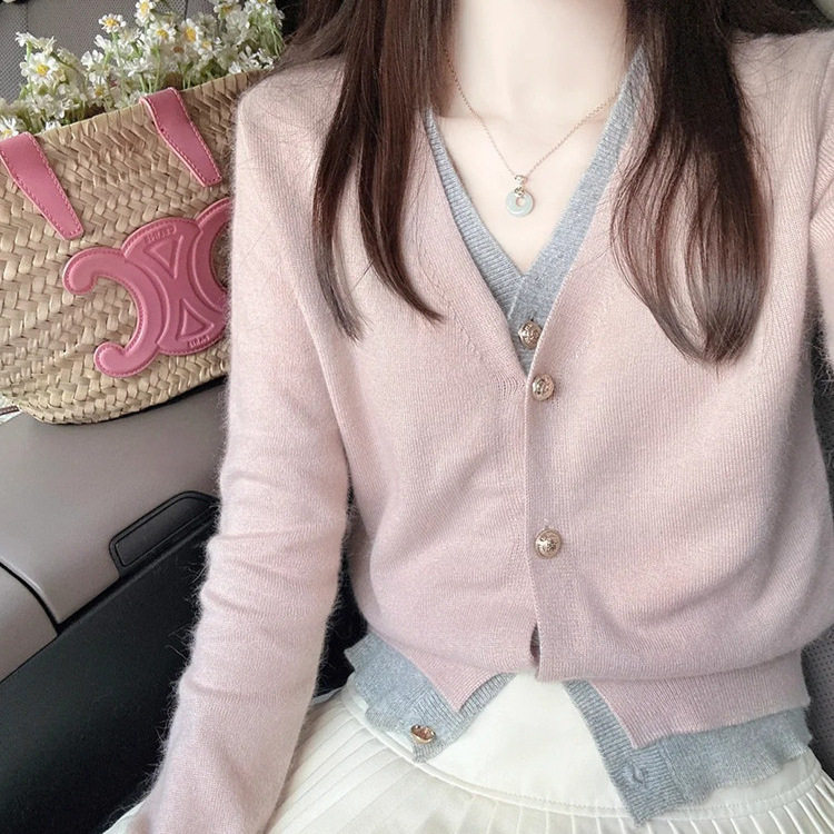 甜美舒适法式小香风假两件v领针织开衫设计感毛衣小个子粉色上衣
