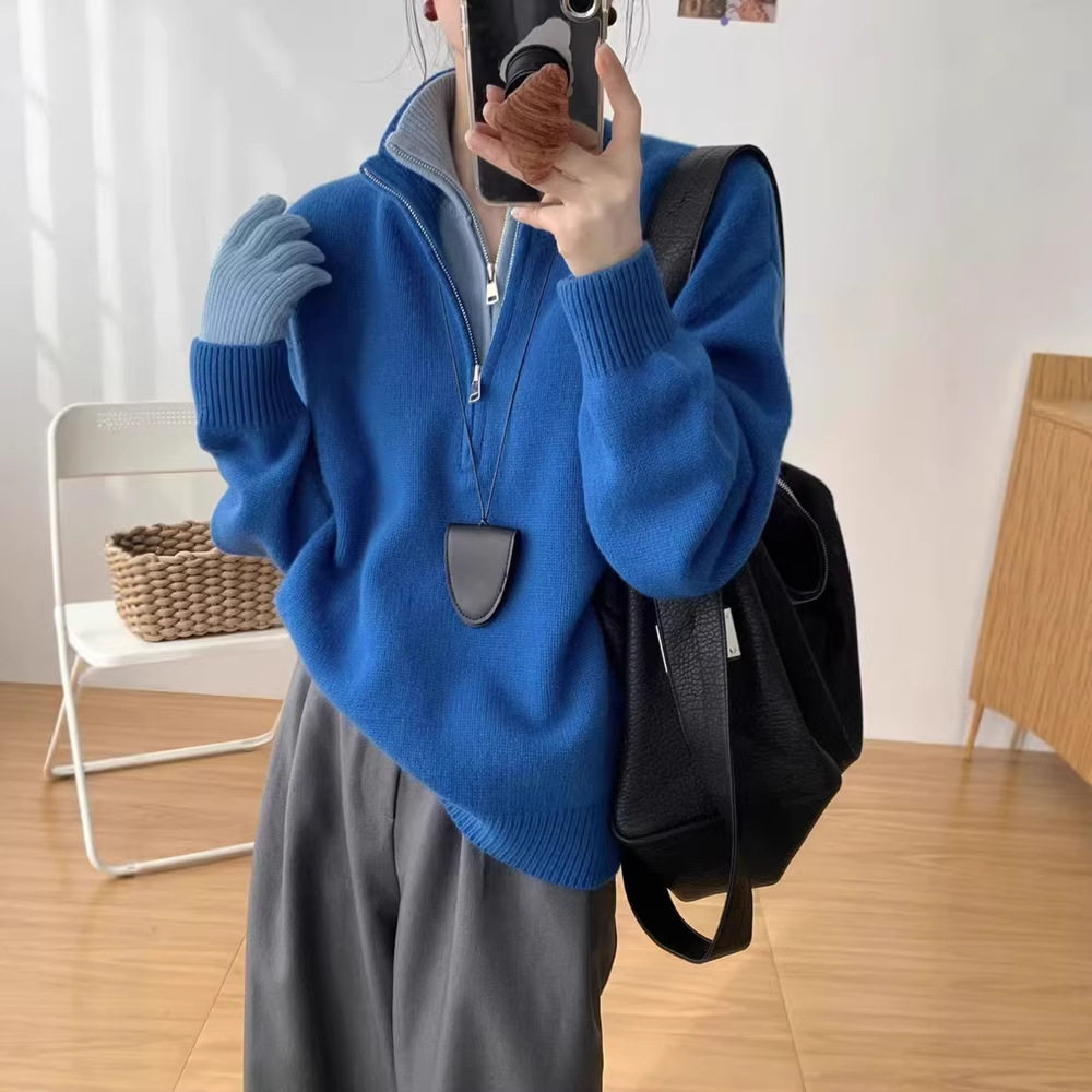 克莱因蓝色假两件半拉链立领毛衣女秋设计感独特别致针织衫上衣