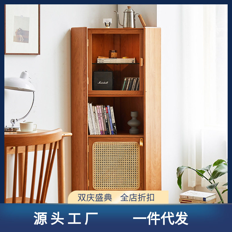 北欧樱桃木角柜简约实木边柜日式现代客厅书房餐厅收纳柜玻璃门柜