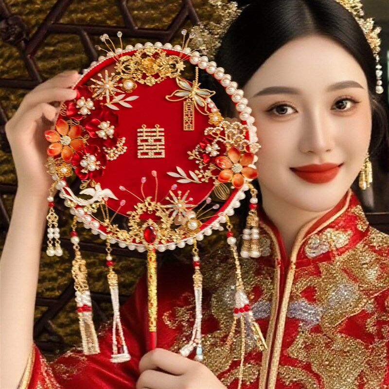 新婚礼物秀禾喜扇手工diy材料包双面高级成品婚嫁结婚新娘用团扇