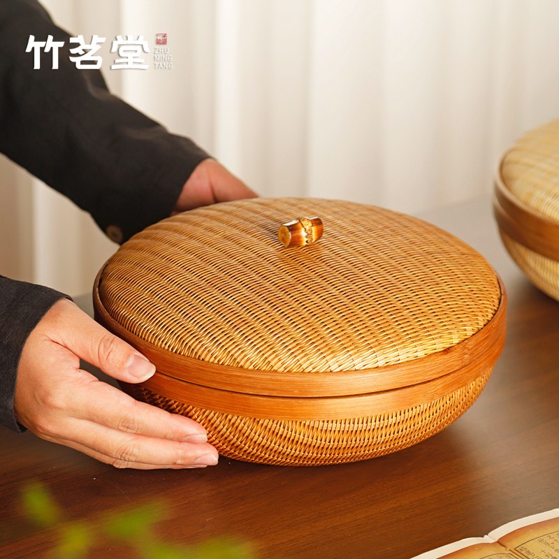手工竹丝精编茶具收纳筐带盖收纳篮家用水果篮点心篮厨房馒头竹筐