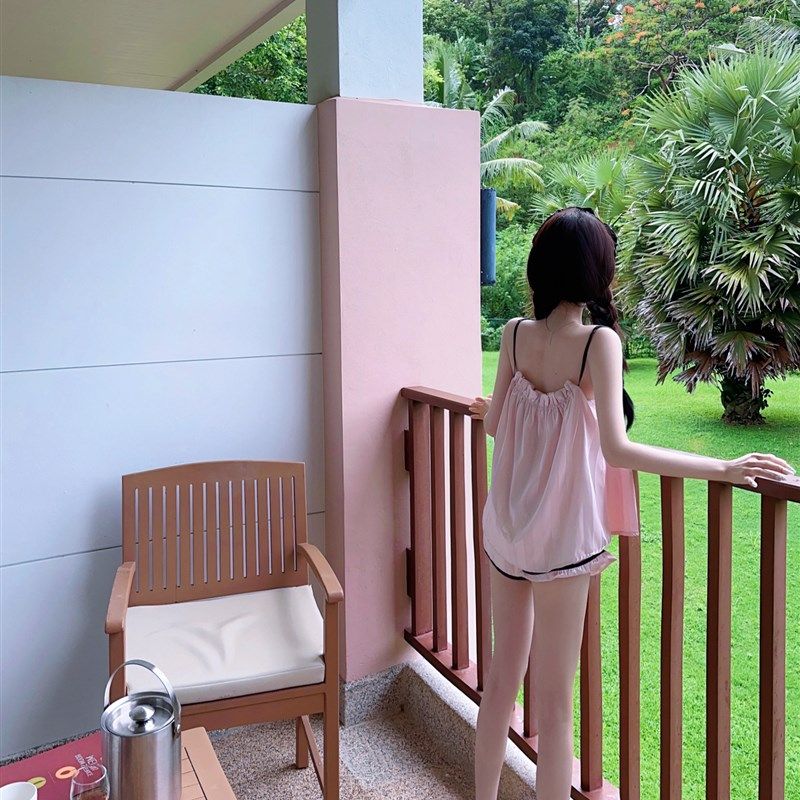 纯欲条纹抹胸吊带睡衣短裤套装女舒适绸缎高级感家居服