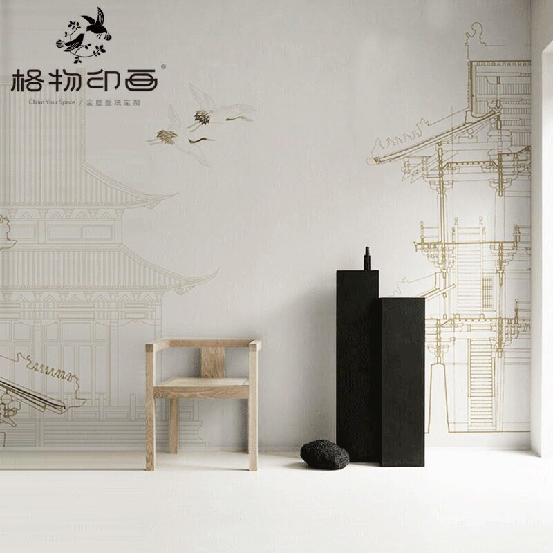 新中式瑞鹤阁楼简约意境线描风电视沙发背景墙纸卧室茶室壁画壁纸