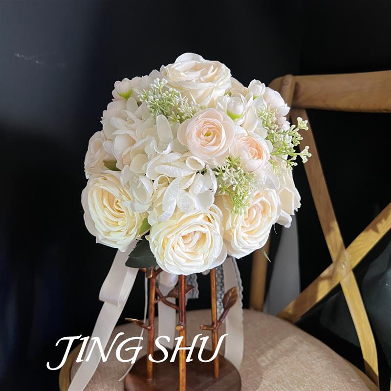 结婚手捧花仿真玫瑰花束豆纱粉多色简约风原创设计绢花婚礼高档花